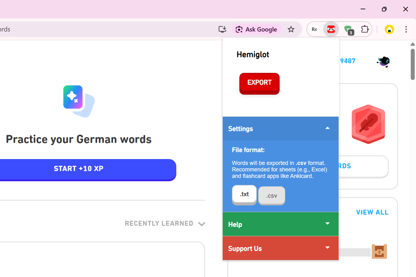 Screenshot of extension with settings menu open.