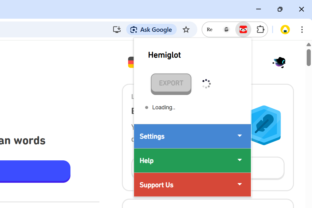 Screenshot of extension while downloading words.