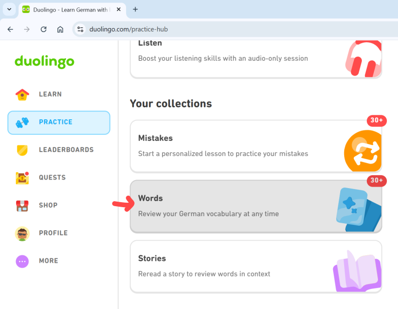 Duolingo Practice page